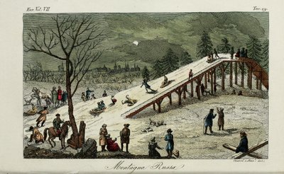 En berg-og-dalbane. Illustrasjon fra gamle og moderne skikker eller regjeringshistorie av Giulio Ferrario, 1831 av Luigi Giarrè