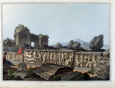 Ruiner og frise skåret i Efese, tidligere antikke by i Hellas, i dag i Tyrkia. i "" Utsikter i de osmanske dominansene, i Europa, i Asia og noen av middelhavsøyene fra de originale tegningene tatt av Luigi Mayer, London av Luigi Mayer