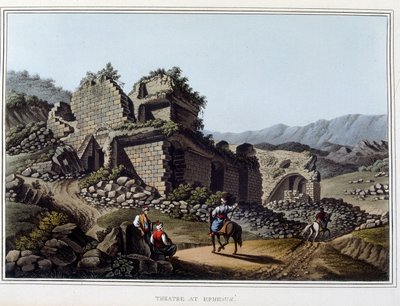 Teater i ruiner i Efese, tidligere antikke by i Hellas, i dag i Tyrkia. i "" Utsikt i de osmanske dominansene, i Europa, i Asia og noen av middelhavsøyene"" fra de originale tegningene tatt av Luigi Mayer, London av Luigi Mayer