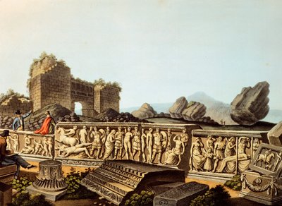 Tyrkia, Efesos, europeiske besøkende som ser på marmorrelieffer, av Luigi Mayer, gravering av Luigi Mayer