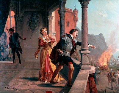 Illustrasjon for Manrico aria, Di quel pira Act III, i Il Trovatore, opera av Giuseppe Verdi av Luigi Morgari
