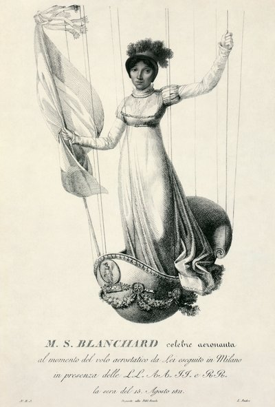 Portrett av den franske ballongfareren Sophie Blanchard under hennes flytur i Milano, Italia, 1811 av Luigi Rados