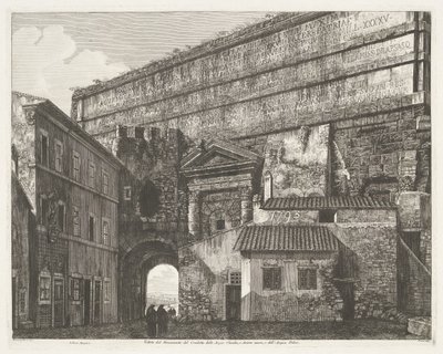 Porta Maggiore i Roma Utsikt over monumentet til Condotto delle Acque Claudia, og Anione Nuovo, og av Acqua Felice (tittel på objektet) av Luigi Rossini