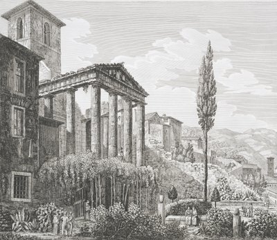 Temple of Hercules at Cora, fra 'The Antiquities of the Contours of Rome', utgitt 1824-26 (se også 205038) av Luigi Rossini