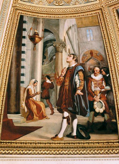 Galileo Galilei ser på lysekronen som svinger frem og tilbake ved Pisa-katedralen 1582 av Luigi Sabatelli