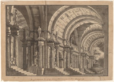 En monumental hvelvet hall med et rykende alter av Luigi Tasca