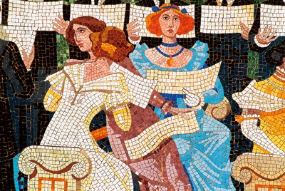 Architektur Jugendstil: Palast der katalanischen Musik, Barcelona. Mosaik, das die Fassade schmückt: Frau singt im katalanischen Chor (Orfeo Catala), Detail links. von Luis Domenech i Montaner (1850-1923) und Lluis Bru I Salelles (1868-1952), 1905-19 von Luis & Bru i Salelles Luis (1868-1952) Domenech i Montaner