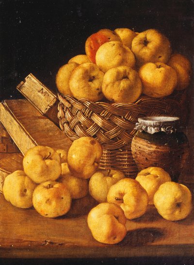Epler i en kurv, en krukke og krydderbokser på et bord, av Luis Egidio Melendez