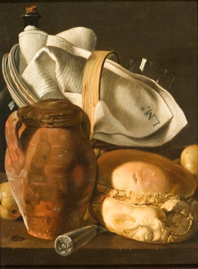 Stilleben med brød, en kanne og en serviett, etter cirka 1830 (olje på lerret) av Luis Egidio Melendez