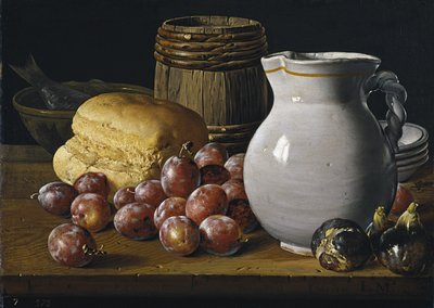Stilleben med plommer, fiken, brød og mugge, andre halvdel av 1700-tallet av Luis Egidio Melendez
