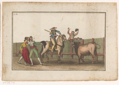 Picador retter lansen mot en okse Coleccion de las principales suertes de una corrida de toros (serietittel) Samling av de viktigste tyrefektingsmanøvrene (serietittel) av Luis Fernandez Noseret