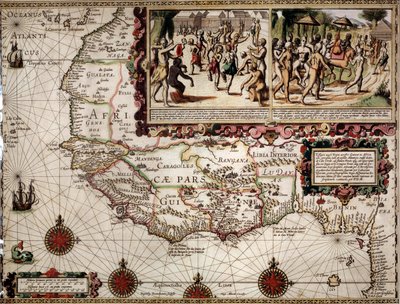 Geografisk kart over Guinee laget av kartograf Luis Teixera (eller Teixeira), ca. 1586. Øverst til høyre, representasjon av en dansescene blant urbefolkningen (afrikanere). av Luis Teixeira