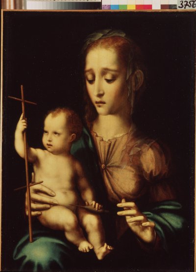 Madonna and Child with a Distaff (Madonna and Child with a Distaff). Maleri av Luis de Morales (1509/20-1586), ca 1570. Spansk kunst, manneristisk stil. Eremitasjemuseet, St. Petersburg. av Luis de Morales