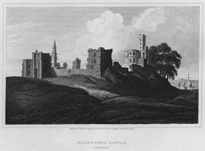 Warkworth Castle, Northumberland (gravering) av Luke (after) Clennell