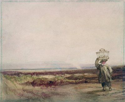 En gutt som bærer en kurv på hodet, i et myrlandskap av Luke Clennell