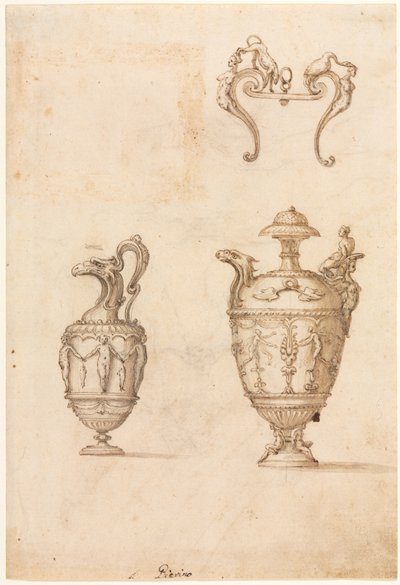 Design for Two Vases and an Ornament recto, midten av 1500-tallet. av Luzio Romano