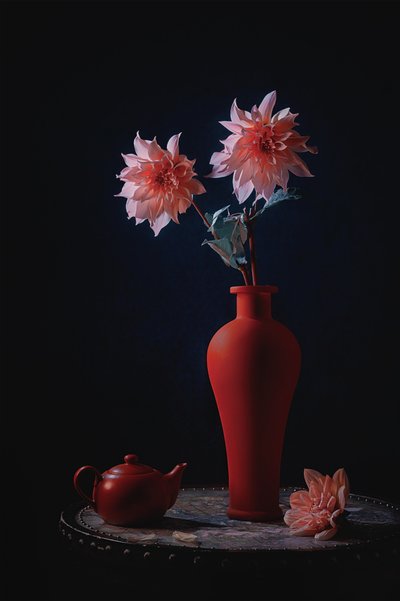 Rosa georginer, rød vase av Lydia Jacobs