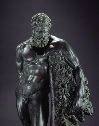 Gresk kunst: "" Herakles i hvile"" Detalj - Bronseskulptur av Lysippe av Sicyone (395-305 f.Kr.) 4. århundre f.Kr., fra helligdommen til Ercole Curino, Sulmona - Museo Nazionale Archeologico, Chieti Italia - Herakles (Hercules) hviler - Detalj av bronsesku av Lysippos (attributed to)