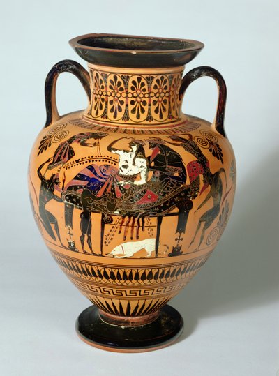 Svartfigur amfora som viser Dionysos og Ariadne Bankett, gresk, 530-520 f.Kr. (leire) av Lysippos