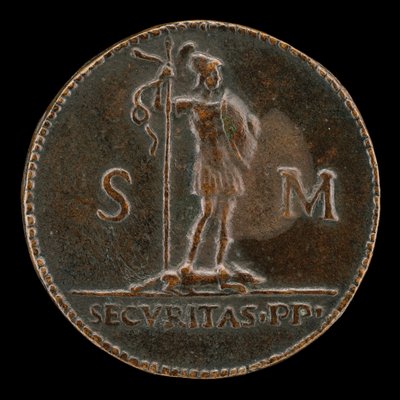 Væpnet skikkelse som står på en ulv på knestående [revers]. av Lysippus Junior