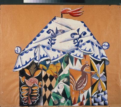 Skisse av gardinet for stykket "" Av paven og hans betjent Balda "", av Alexander Pushkin (1799-1837). Verk av Lyubov (Lioubov) Sergeyevna Popova (1889-1924), collage, gouache og bronse på papir av Lyubov Sergeevna Popova