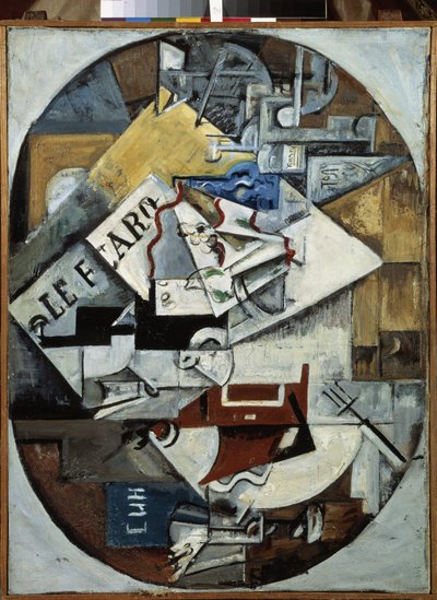 Stilleben. (Le Figaro) Maleri av Lyubov (Lioubov) Sergeyevna Popova (1889-1924), olje på lerret av Lyubov Sergeevna Popova
