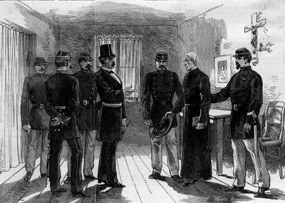 Deportasjon av jesuitene fra Rue de Sevres i Paris etter dekretene fra mars 1880 utstedt av Jules Ferry og fjerning av retten til å undervise medlemmer av uautoriserte religiøse menigheter: en jesuitefar pågrepet i sin celle. 30. juni 1880. En av M. (after) Ferdinandus