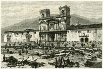 Katedralen i Quito (hovedstaden i dagens Ecuador) og den populære underholdningen på torget. Gravering av Clerget og Ferdinandus, for å illustrere historien "Equinoxiale America"" av M. (after) Ferdinandus