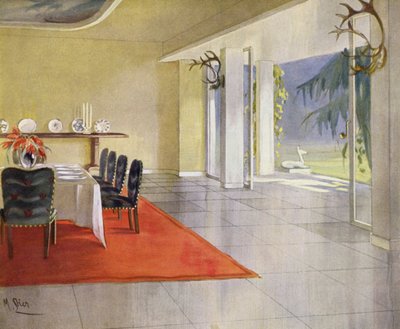 Interiør fra 1930-tallet: Spisestue i et landsted (farge litho) av M. Stier
