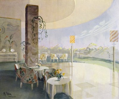 Interiør fra 1930-tallet: Terrassekafe (litho i farger) av M. Stier