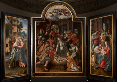 Tilbedelse av Magi, Triptych, Sentralpanel, detalj, maleri på tre av Maarten de Vos