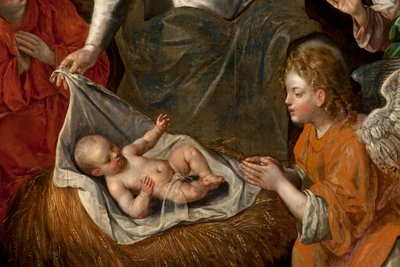 Tilbedelse av Magi, Triptych, Sentralpanel, detalj, maleri på tre av Maarten de Vos
