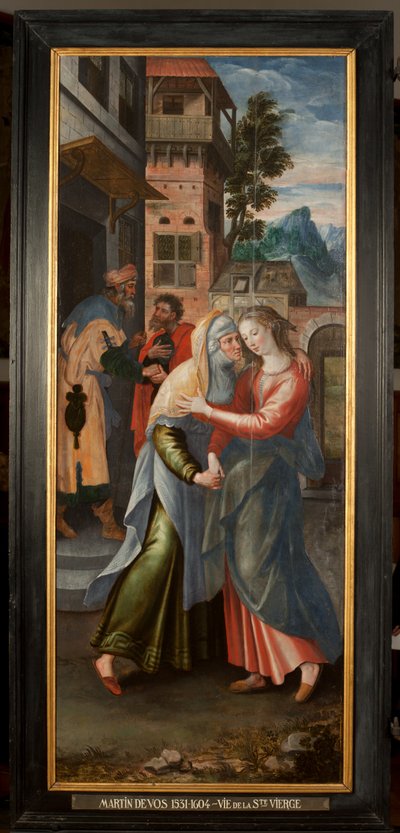 Adoration of the Magi, Triptych, Venstre panel: Holy Virgins liv, detalj, maleri på tre av Maarten de Vos