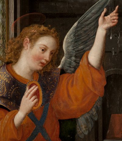 Tilbedelse av Magi, Triptych, Venstre panel, bakre del, detalj, maleri på tre av Maarten de Vos