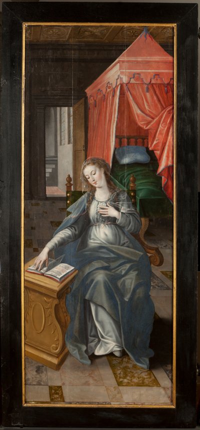 Tilbedelse av Magi, Triptych, Høyre panel bakdel, maleri på tre av Maarten de Vos