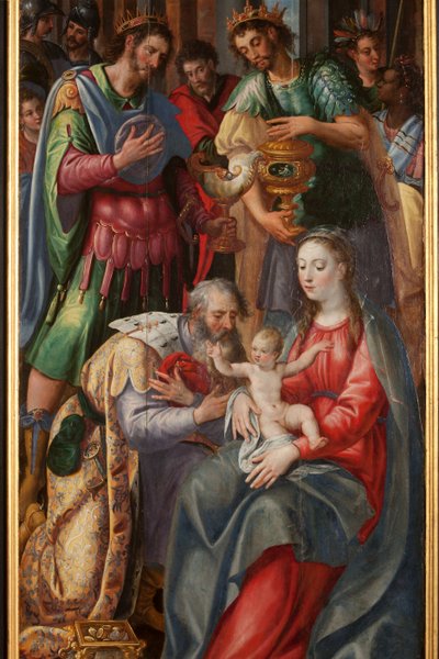 Tilbedelse av Magi, Triptych, Høyre panel, detalj, maleri på tre av Maarten de Vos