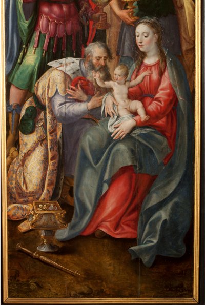 Tilbedelse av Magi, Triptych, Høyre panel, detalj, maleri på tre av Maarten de Vos