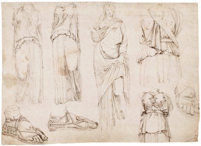 Kvinnefigurer og sandaler, ca. 1498-1574 (rødt kritt, penn og brunt blekk) av Maarten van Heemskerck (circle of)