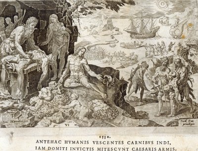 Battlefield in the New World i 1530, plate 6 fra 'The Military Achievements of Emperor Charles V', gravert av Dirk Volkertsz Coornhert (1522-90), 1555 av Maarten van Heemskerck