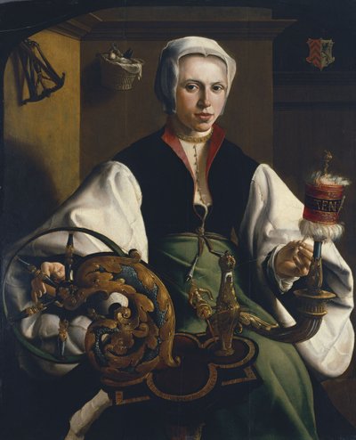 Portrett av en dame som spinner av Maarten van Heemskerck
