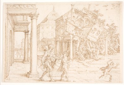 Samson ødelegger huset sammen med filistrene av Maarten van Heemskerck