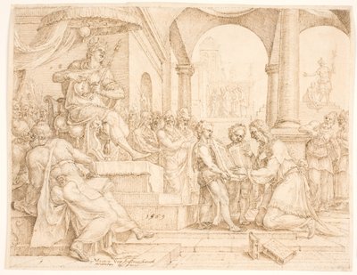 Statssekretæren Sjafan leser fra lovboken for kong Josias, som river klærne hans av Maarten van Heemskerck
