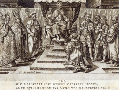 The Submission of Philip, Landgrave of Hesen i 1547, plate 12 fra 'The Military Achievements of Emperor Charles V', gravert av Dirk Volkertsz Coornhert (1522-90), 1555 (gravering og etsning) av Maarten van Heemskerck