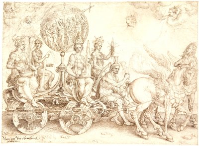 Triumfvogn. Mundus (Verden). (En allegori over de fire elementene) av Maarten van Heemskerck