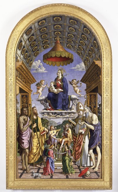 Madonna og barn i herlighet, musikerengler og helgener døperen Johannes, Jakob, Ugo og Hieronymus, 1498 av Macrino dAlba