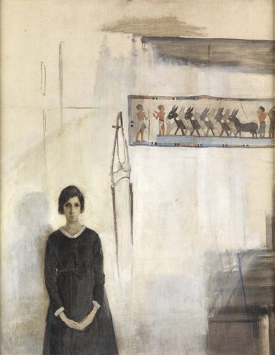 Selvportrett med egyptisk henging (olje om bord) av Madeline Emily Green