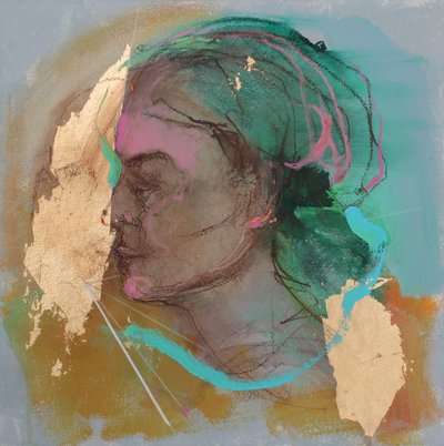 Lost In Thought 6, 2020 (akryl, pastell og bladgull på papir) av Madgalena Morey