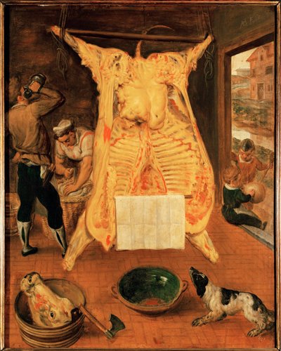 Okser hos slakteren (maleri på eik) av Maerten van Cleve