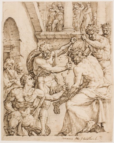 Kristus blir kronet med torner, ca. 1548 (Penn, brunt blekk og svart kritt på buff papir) av Maerten van Heemskerck
