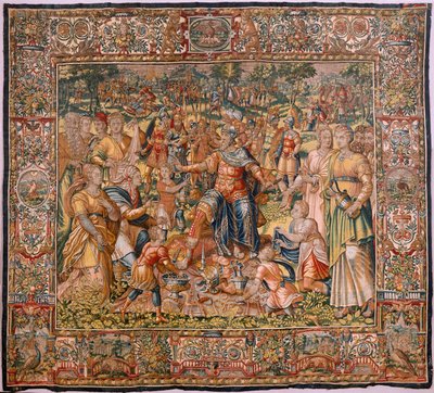 Bispedømmemuseum (Bispedømmemuseum). flamsk billedvev. Brussel. François Geubels verksted. Serien Historien om Gideon. Israelittene overlater sin del av byttet til Gideon. Silke og ull. Legat av Bisho av Maerten van Heemskerck
